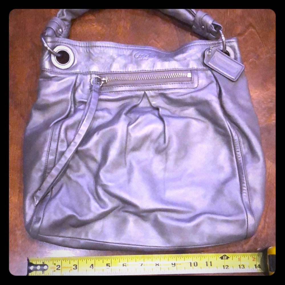 Grey, silver, leather Coach purse